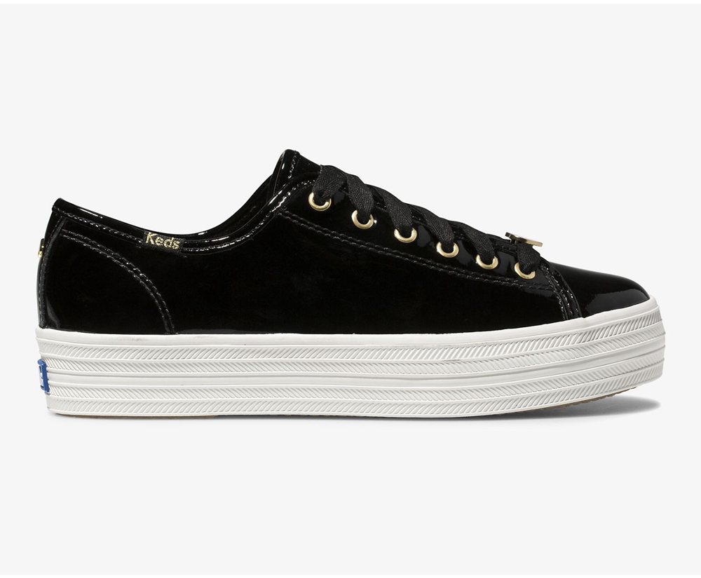 Πανινα Παπουτσια Γυναικεια - Keds Kate Spade New York Triple Kick Patent Δερματινα - Μαυρα - YZKCD82